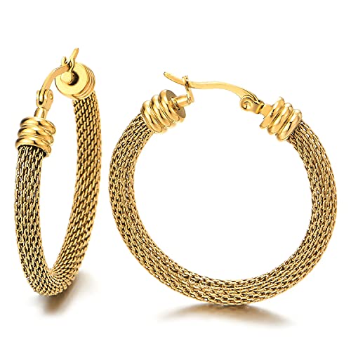 Pair Stainless Steel Wire Mesh Circle Huggie Hinged Hoop Earrings for Women Gold Color