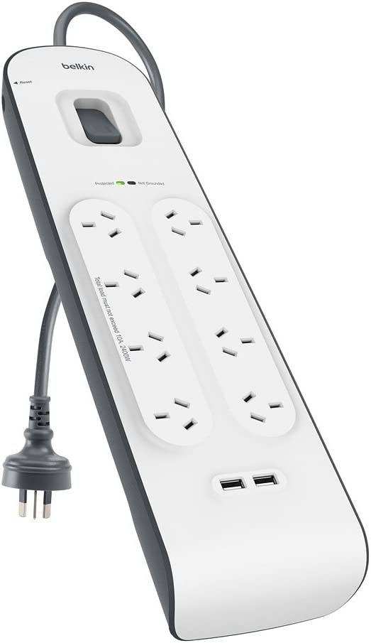 Belkin 8-Outlet Surge Protection Strip with 2,4 Amp USB Charging, White/Grey (BSV804au2M)