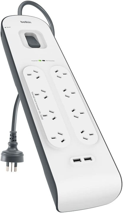Belkin 8-Outlet Surge Protection Strip with 2,4 Amp USB Charging, White/Grey (BSV804au2M)