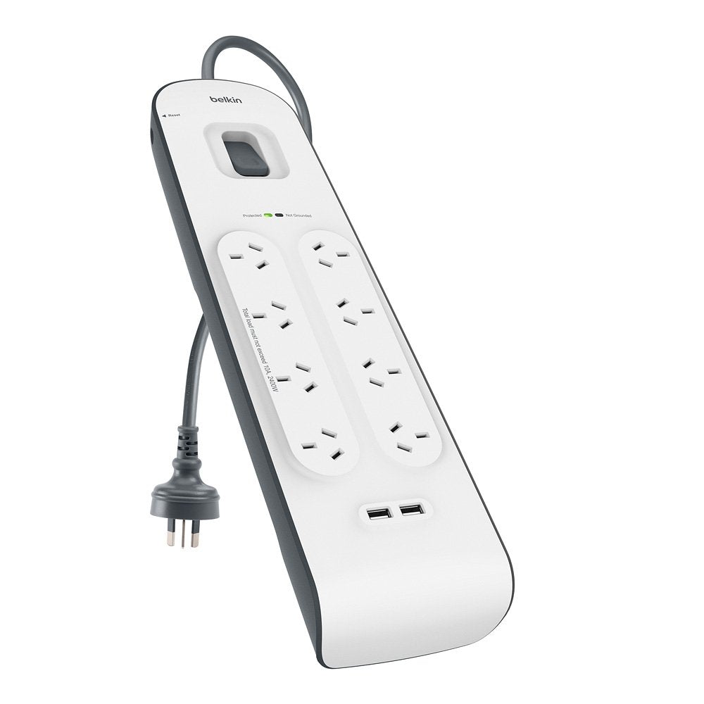 Belkin 8-Outlet Surge Protection Strip with 2,4 Amp USB Charging, White/Grey (BSV804au2M)