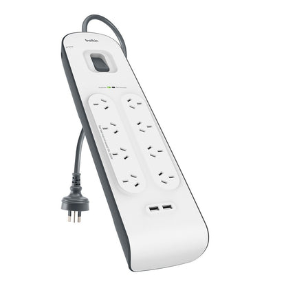 Belkin 8-Outlet Surge Protection Strip with 2,4 Amp USB Charging, White/Grey (BSV804au2M)