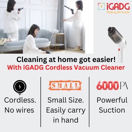 IGADG- MAKING LIFE SIMPLE® 6000pa Powerful Portable Handheld Cordless Wireless Vacuum Cleaner for Car and Home | Dual Battery - 3000 mAH | Charge with USB | Rechargeable (Mini - Heavy Duty)