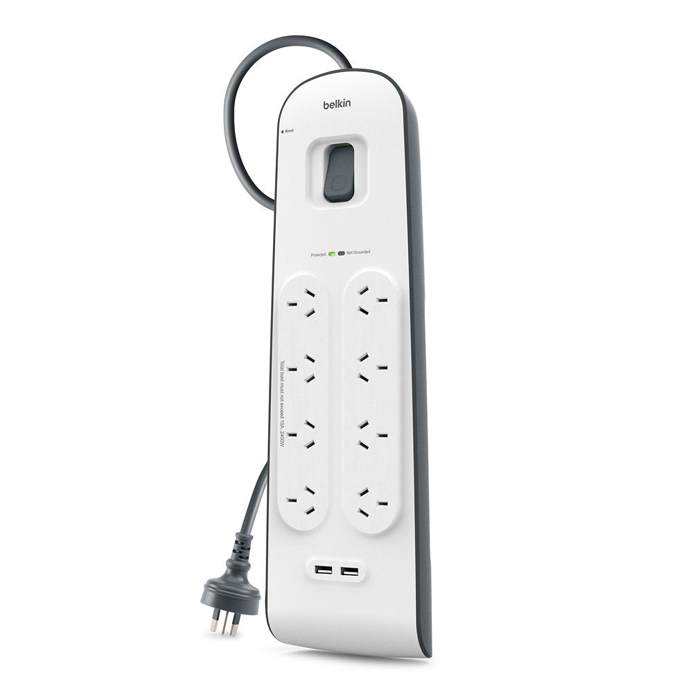 Belkin 8-Outlet Surge Protection Strip with 2,4 Amp USB Charging, White/Grey (BSV804au2M)