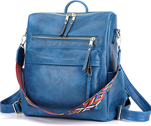 Comfabie Women's Fashion Backpack Purses Multipurpose Design Handbags and Shoulder Bag PU Leather Travel bag Vegan Leather Girl's Travel Casual Collage Backpack With Shoulder printed Straps (Blue)