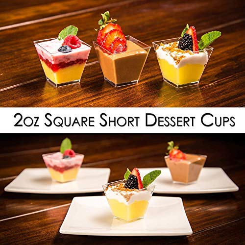 DLux 100 x 2oz Square Mini Dessert Cups with Spoons and Lids, Clear Plastic Parfait Appetizer Cup - Small Reusable Serving Bowl for Tasting Party Desserts Appetizers - With Recipe Ebook 6749761634393 bolt