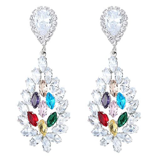 Glamours Rhinestone Colorful Crystal Cluster Teardrop Large Statement Earrings, Party Banquet Dress