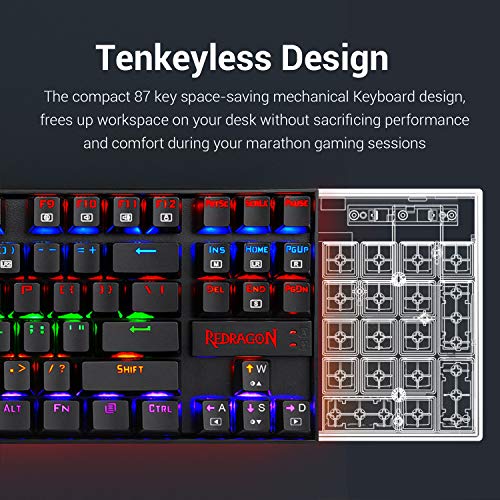 Redragon Kumara K552 Rainbow LED Backlit TKL Ten Key-Less Mechanical Wired Gaming Keyboard Without Numlock Keys (Black)