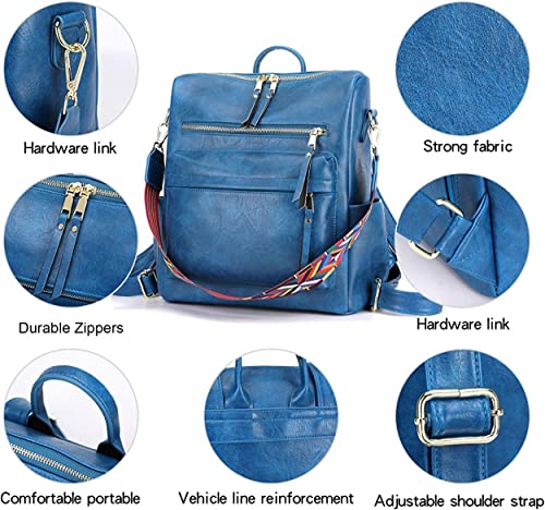 Comfabie Women's Fashion Backpack Purses Multipurpose Design Handbags and Shoulder Bag PU Leather Travel bag Vegan Leather Girl's Travel Casual Collage Backpack With Shoulder printed Straps (Blue)