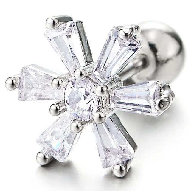 Pair Sparkling Steel Firework Flower Stud Earrings with Cubic Zirconia for Women, Screw Back