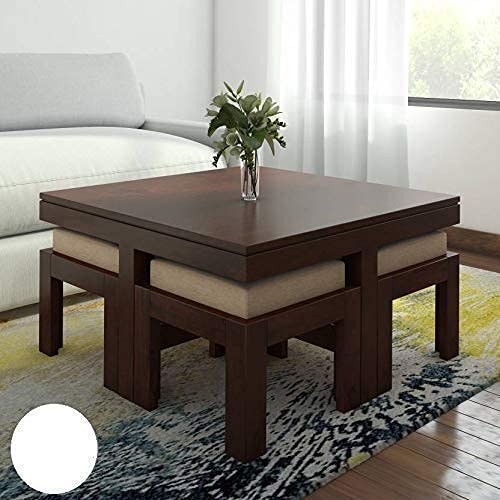 Danewood Solid Sheesham Wood Coffee Table With 4 Stool | Square Centre Table With Stool | Center Table With 4 Stools For Living Room | Patio Table With 4 Puffy For Home | Hotel Lounge Table | Espresso Finish, No Assembly Required