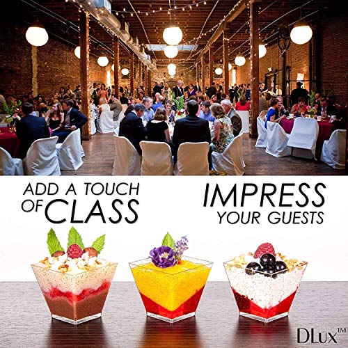 DLux 100 x 2oz Square Mini Dessert Cups with Spoons and Lids, Clear Plastic Parfait Appetizer Cup - Small Reusable Serving Bowl for Tasting Party Desserts Appetizers - With Recipe Ebook 6749761634393 bolt