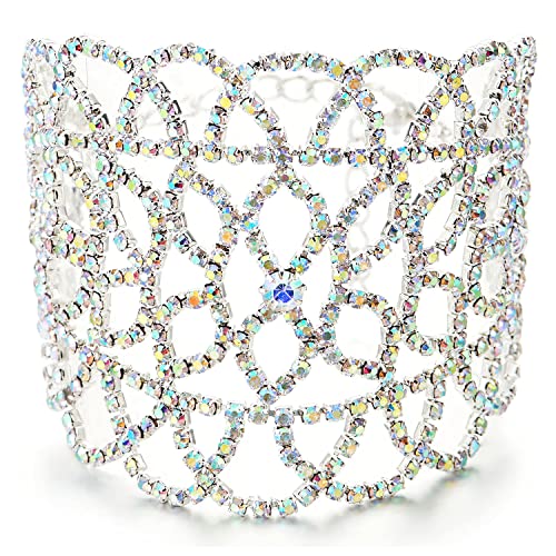 COOLSTEELANDBEYOND Sparkling Womens Rainbow Rhinestones Pave Cluster Flower Leaf Wide Bangle Bracelet, Unique