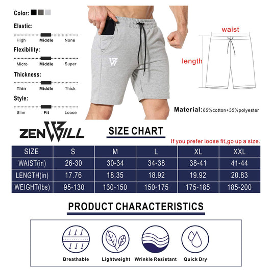 ZENWILL Mens Gym Running Shorts, Workout Athletic Bodybuilding Fitness Shorts with Zip Pockets