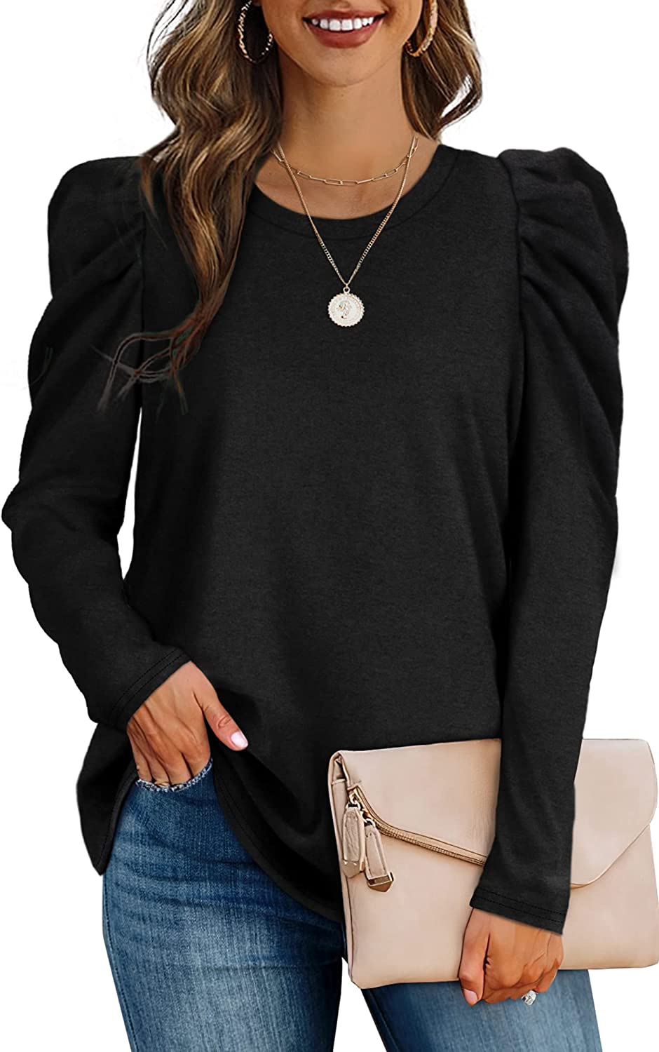 OFEEFAN Black Tunic Tops for Women Puff Sleeve Womens Fall Sweaters 2022 Trendy L