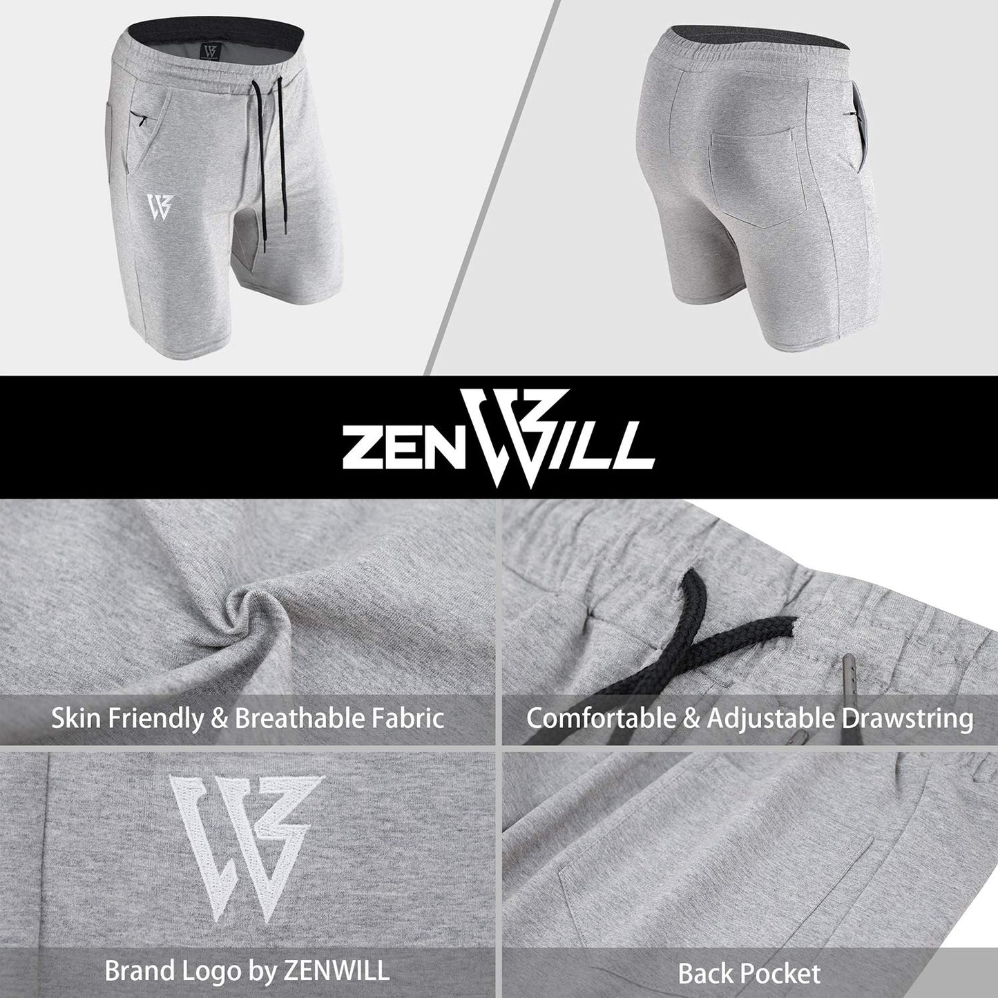 ZENWILL Mens Gym Running Shorts, Workout Athletic Bodybuilding Fitness Shorts with Zip Pockets