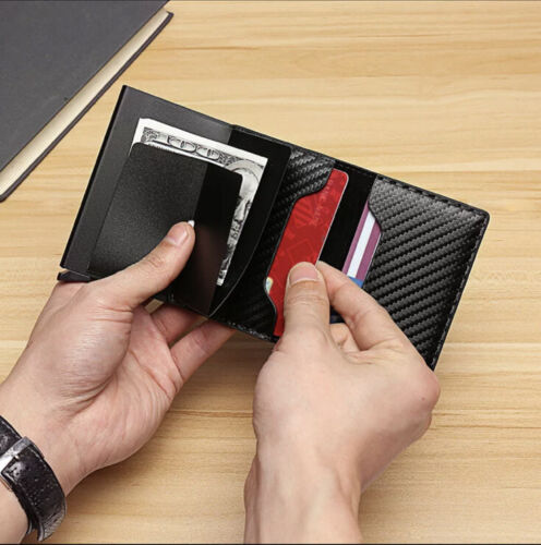 Slim leather/Carbon fiber RFID blocking card holder-pop up cards bifold wallet